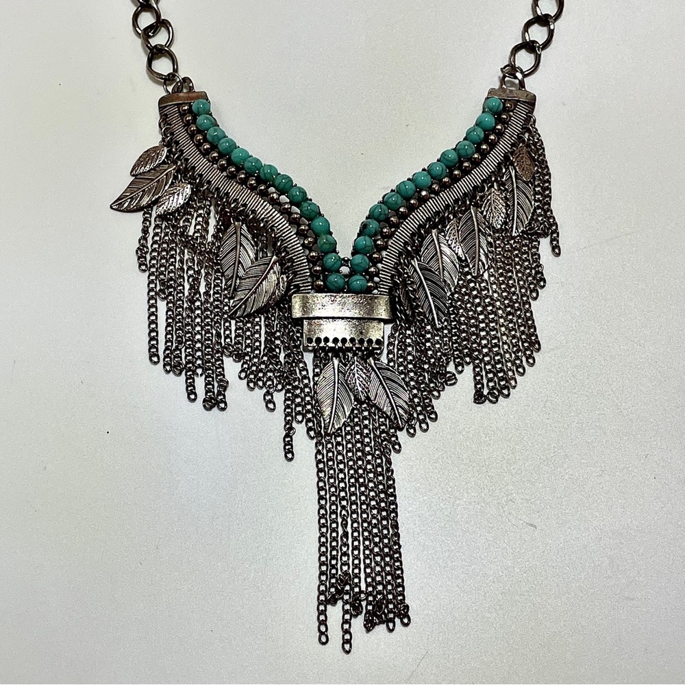 Boho Statement Necklace – Turquoise Beads & Silver Leaf Fringe Necklace, Tiribal